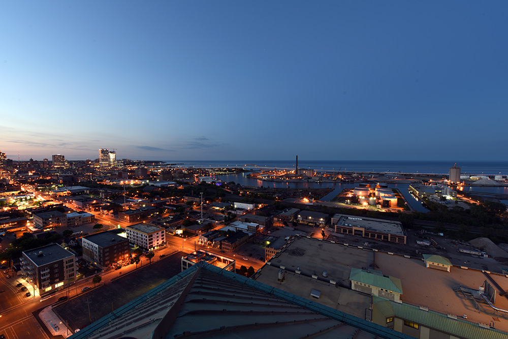 skyline  view of Milwaukee overlooking lake at night